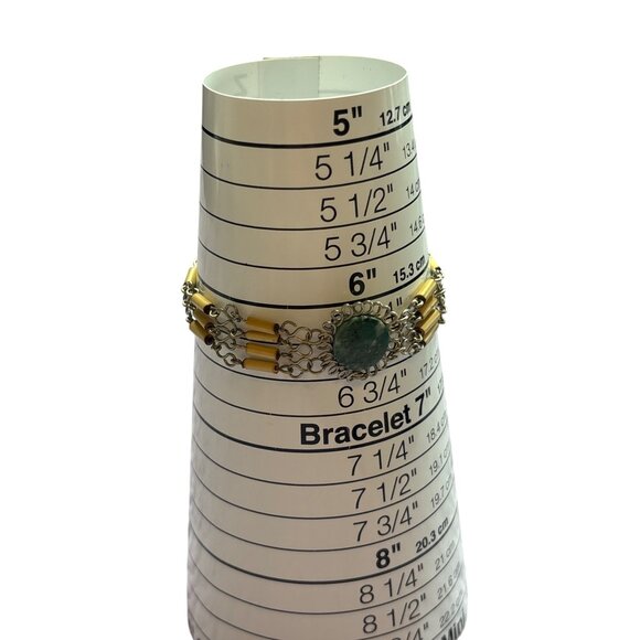 Silvertone Bamboo Green Stone Bracelet 6 inches Long - Picture 2 of 2